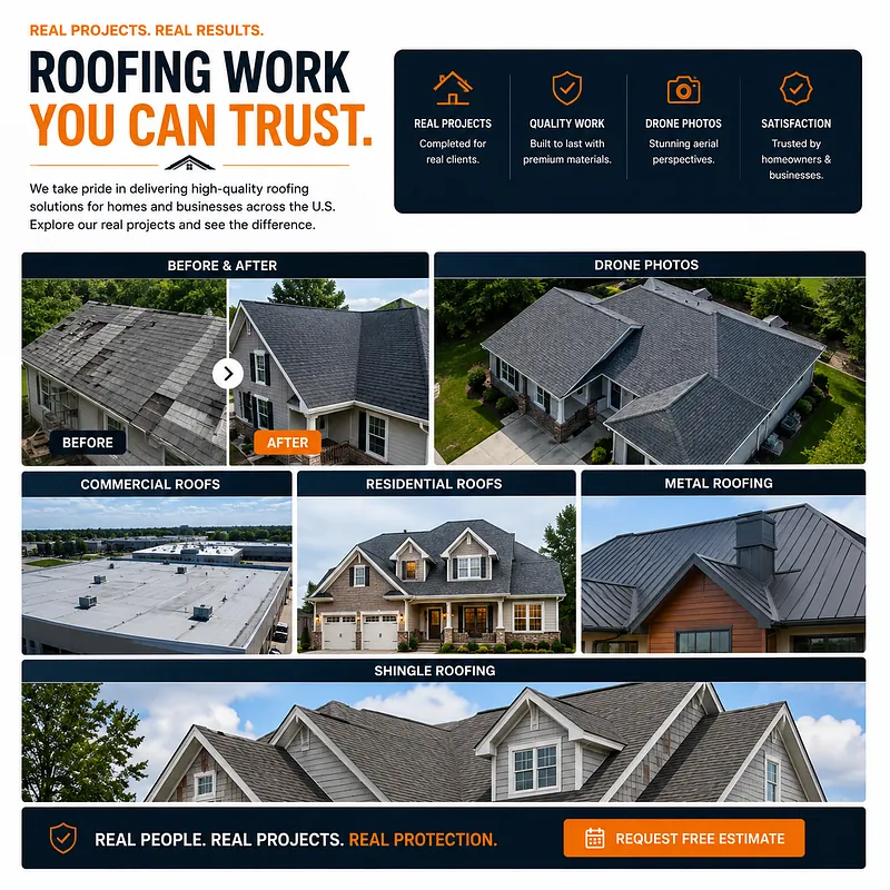 Roofing Contractor Project Portfolio Gallery Roofing website project gallery showcasing before-and-after roof replacements, drone photography, commercial roofing, residential shingles, and metal roofing examples for U.S. contractors.