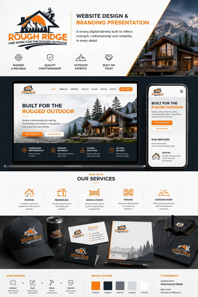 Roofing & Exterior Remodeling Contractor Logo Design USA Orange and black Rough Ridge roofing logo with mountain and roof graphics, contractor website mockups, branded cap, polo shirt and business cards.
