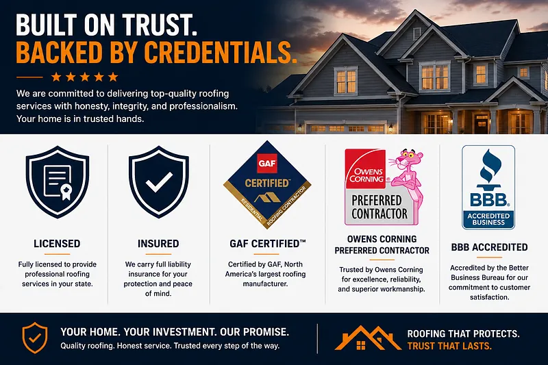 Roofing Contractor Trust Badges and Certifications Roofing company website trust section featuring licensed and insured credentials, GAF certification, Owens Corning Preferred Contractor status, and BBB accreditation.
