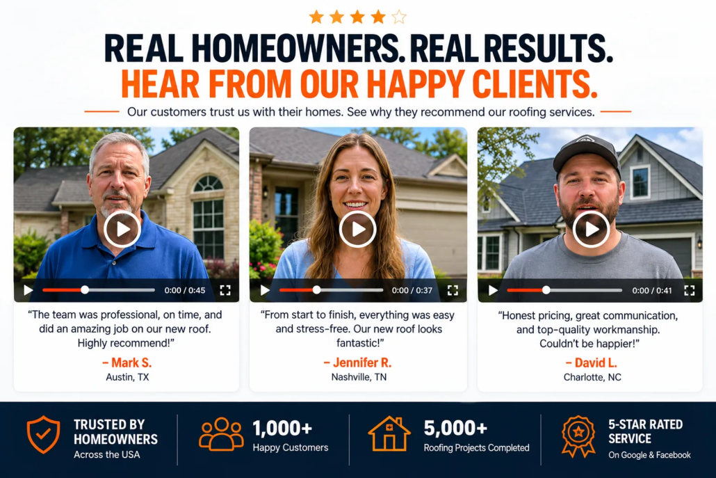 Roofing Website Video Testimonials Design Roofing company website video testimonial section featuring three homeowner reviews, video play buttons, customer feedback, and trust indicators for U.S. roofing contractors.