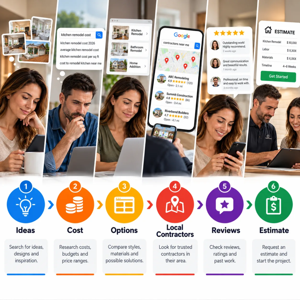 search-intent-journey-us-homeowner U.S. homeowner search journey from remodeling ideas and cost research to local contractor reviews and estimate requests