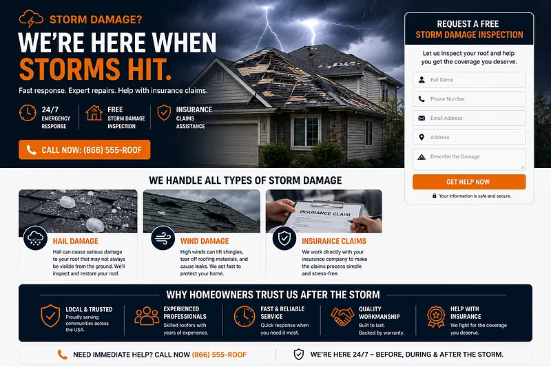 Storm Damage Roofing Landing Page Design Storm damage roofing landing page with a damaged residential roof, emergency repair services, and inspection request form.