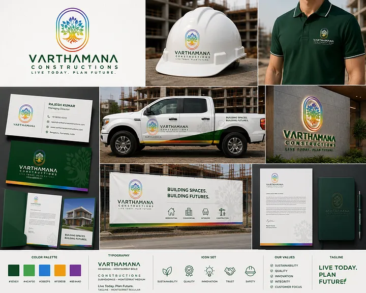 Sustainable Construction Company Logo Design & Branding USA Colorful tree and roots logo for Varthamana Constructions displayed on a hard hat, contractor truck, green polo shirt, business cards and construction signage.