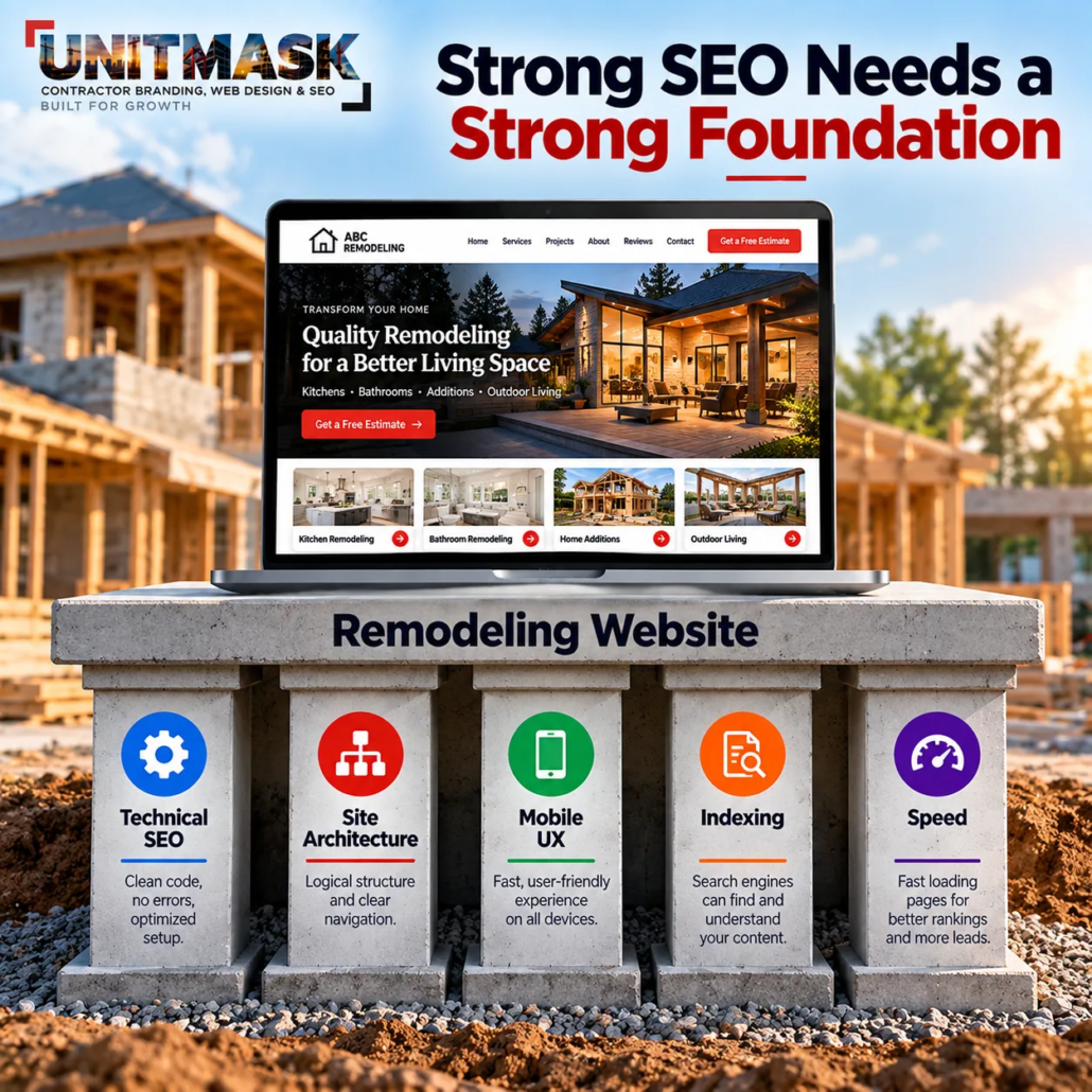 technical-seo-foundation-us-contractors-unitmask Technical SEO foundation for U.S. contractor websites showing site architecture, mobile UX, indexing and page speed