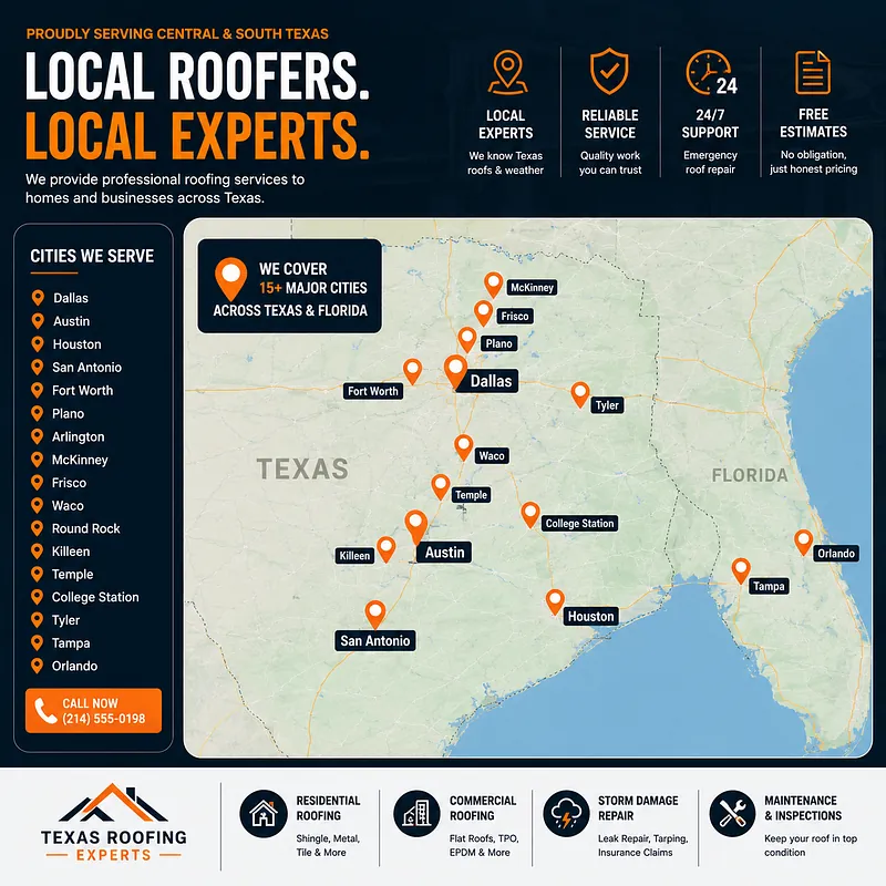 Roofing Contractor Service Area Map Design Roofing company website service area section featuring an interactive-style map, local roofing services, and city coverage across Texas and Florida.