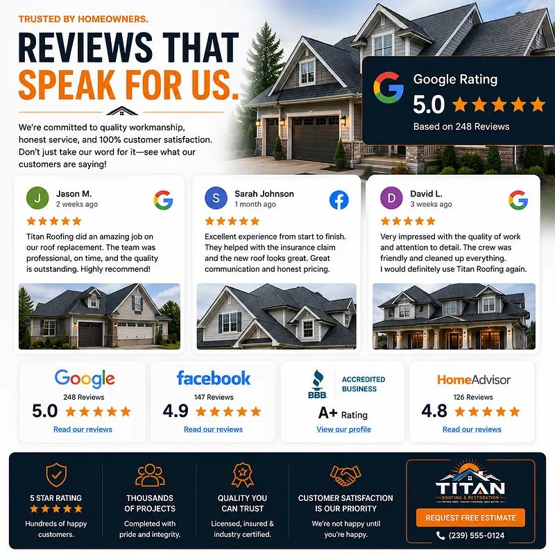Roofing Customer Reviews Website Design Roofing website customer reviews design featuring Google and Facebook-style review cards, star ratings, and roof project photos.