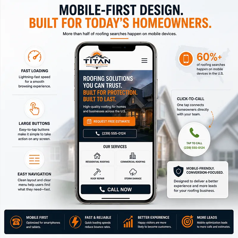 Mobile-First Roofing Website Design for Contractors Mobile-first roofing website design displayed on a smartphone with roofing services, click-to-call button, and estimate request CTA.