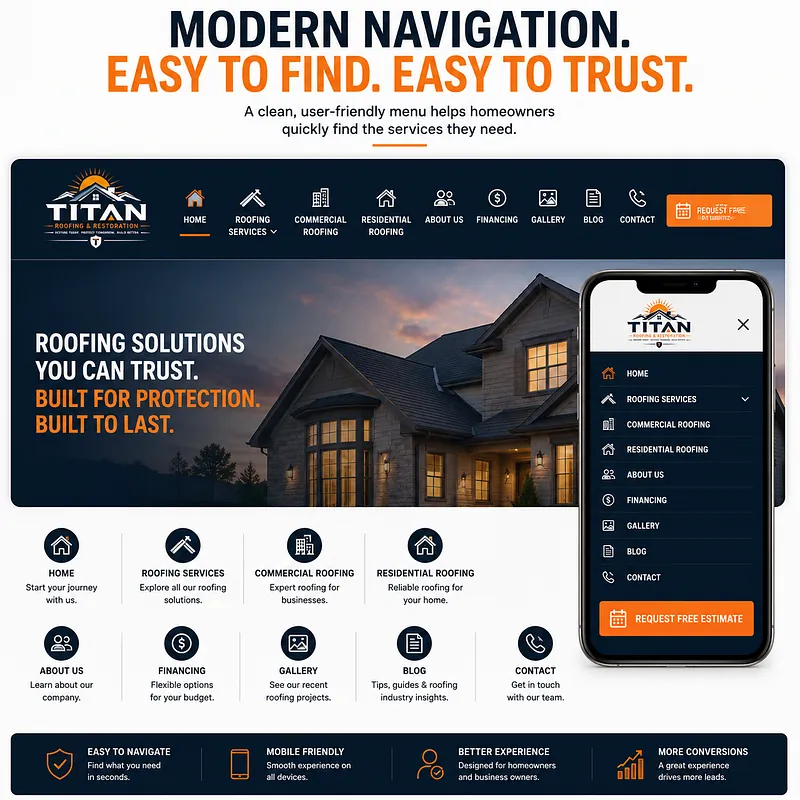 Modern Roofing Website Navigation Menu Design Modern roofing website navigation design featuring Titan Roofing desktop menu, mobile-friendly navigation, roofing service links, and a prominent Request Free Estimate button.