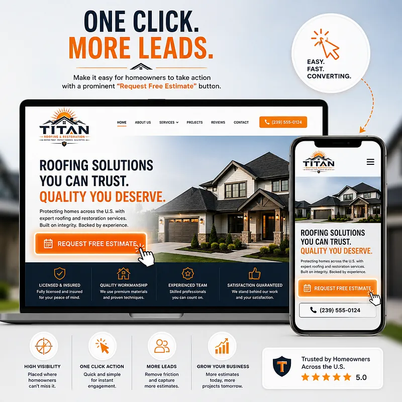 Roofing Website Request Free Estimate CTA Design Roofing website design with prominent orange Request Free Estimate buttons on desktop and mobile layouts.