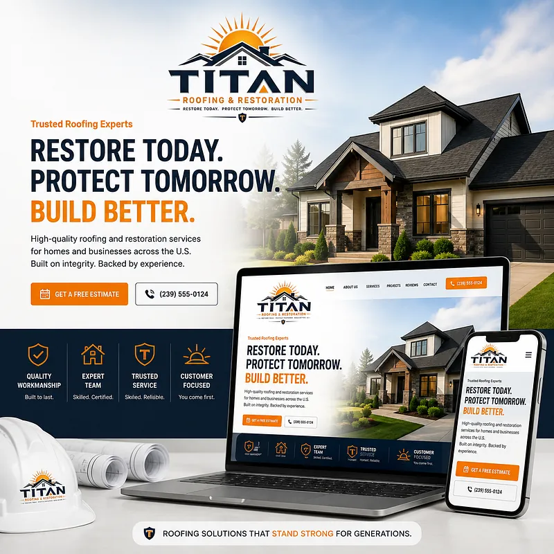 Roofing Contractor Website Hero Section Design Roofing contractor website hero section featuring a modern residential roof, Titan Roofing branding, and desktop and mobile website previews.