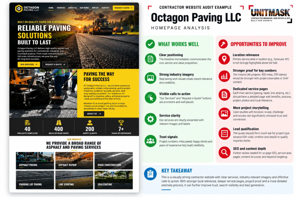 Unitmask contractor website audit of Octagon Paving LLC, comparing homepage strengths and improvement opportunities in local SEO, trust signals, service pages, and lead generation.