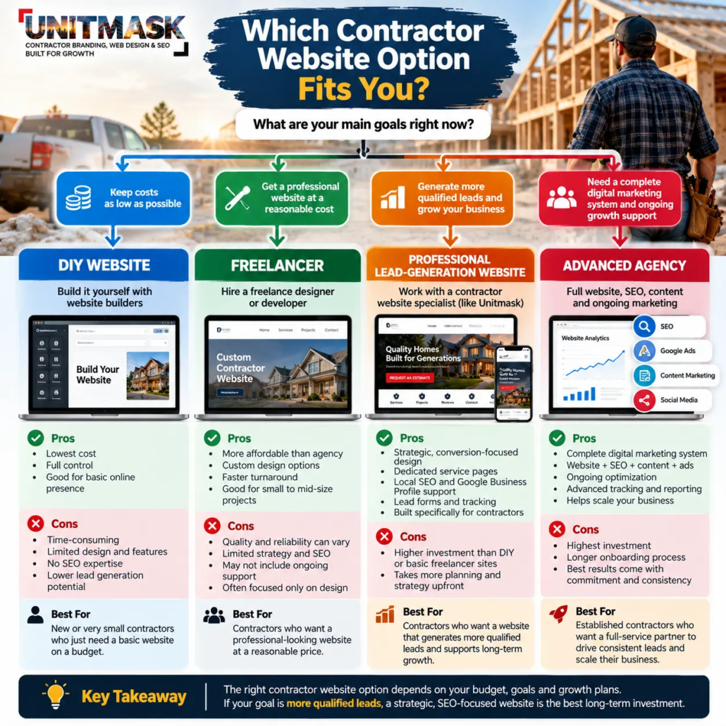 Contractor website options for U.S. construction businesses comparing DIY, freelancer, professional lead-generation websites and advanced agency solutions.